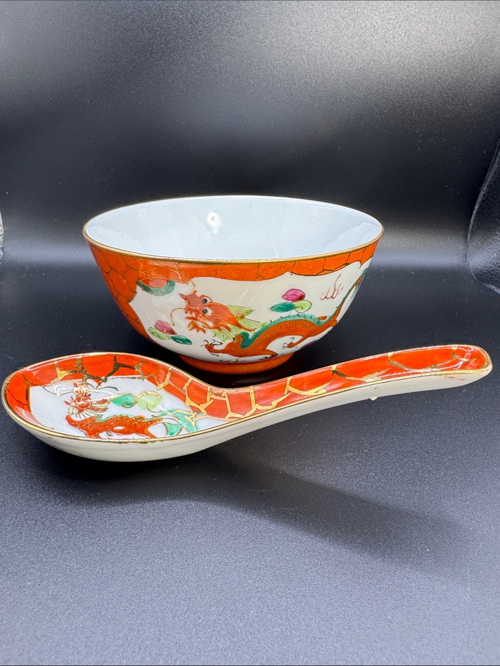 Vintage Chinese Mun Shou Coral Orange Dragon Phoenix Rice Bowl Spoon Set